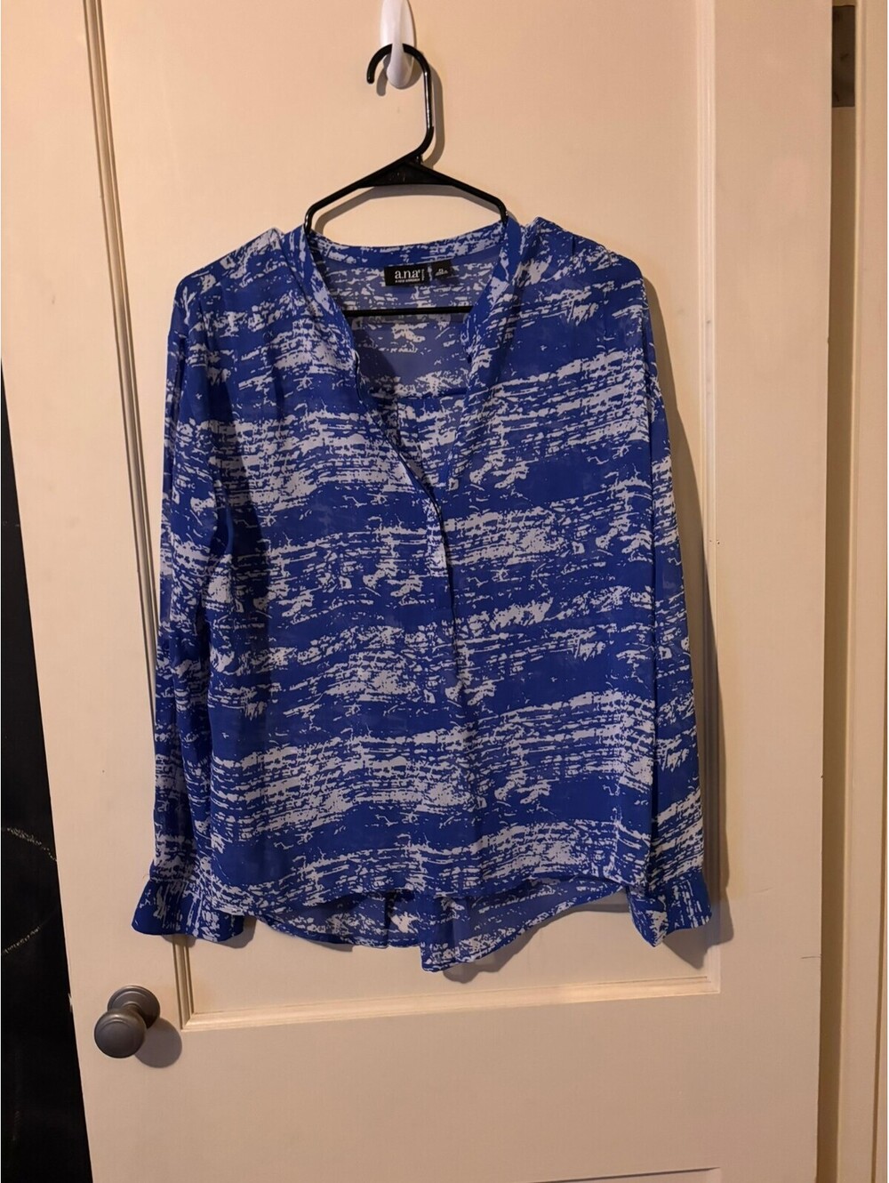 a.n.a Blue and White Patterned Long Sleeve Blouse, Size PL